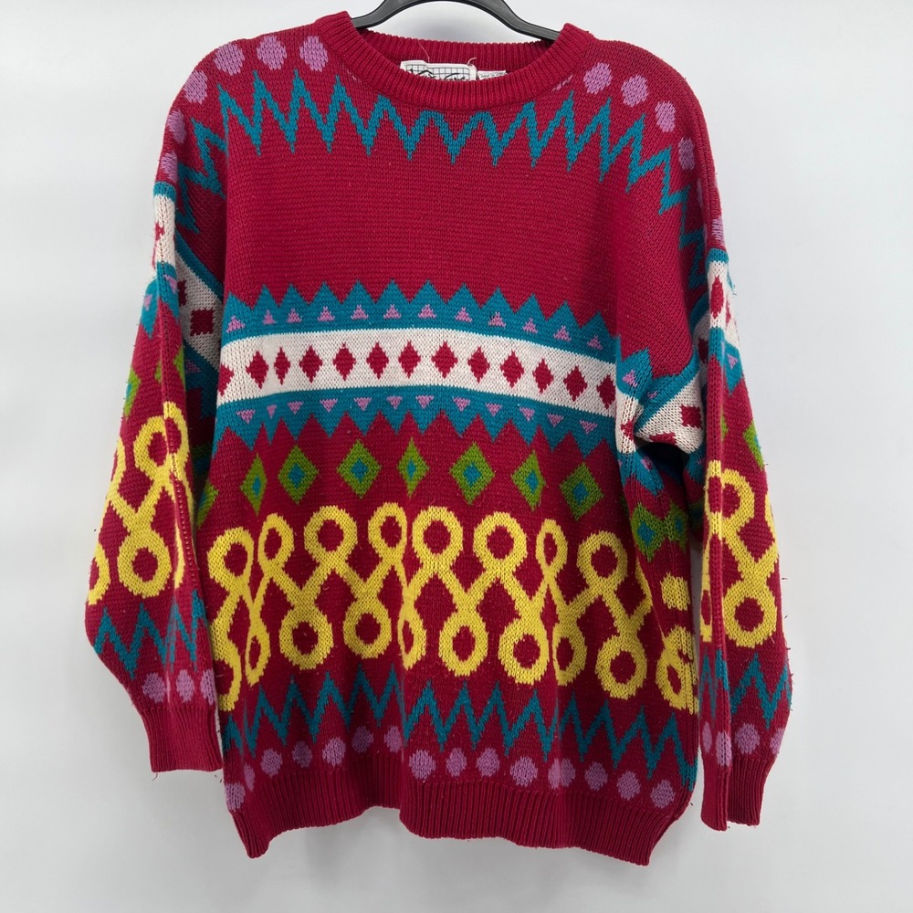 Knit Works Graphic Womens Sweater Large Colorful Retro Vintage 80s‎ 90s